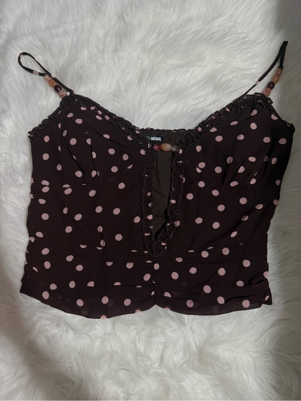 Fashion Nova Black Cami Top with Pink Polka Dots